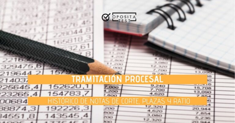 Imagen de lápiz negro sobre hojas de estadísticas con filas y columnas de números que acompañan al printer "Tramitación Procesal. Notas de corte, ratio y evolución de plazas"