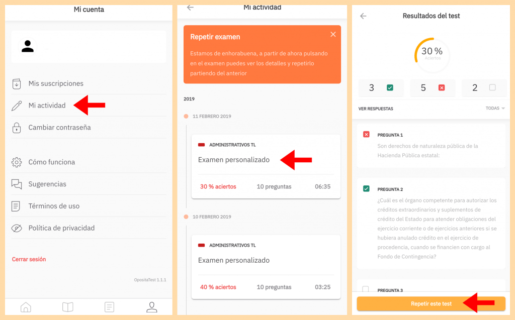 Ver y repetir examen app opositatest