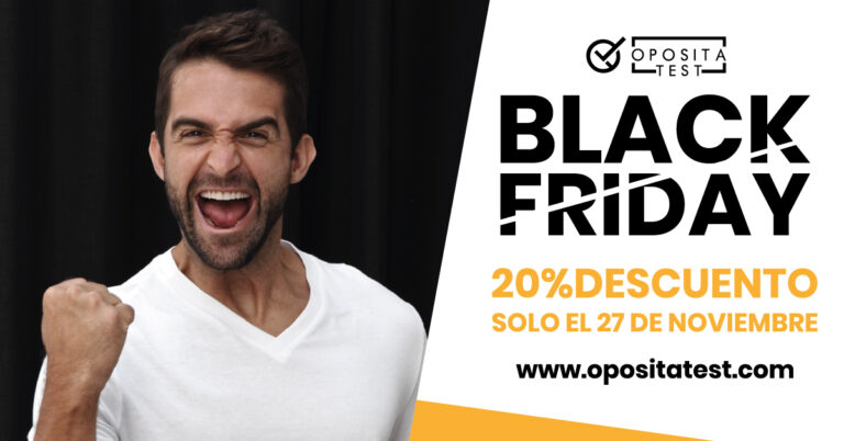 Imagen ilustrativa de persona joven con camiseta blanca, puño en alto y cara de emoción para acompañar los descuentos en oposiciones para Black Friday en OpositaTest. Promociones especiales para opositores.