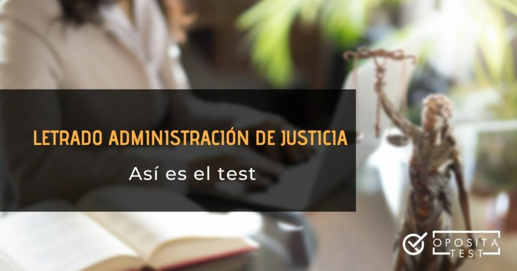 Imagen fuera de foco con persona en entorno profesional acommpañada de figura de la justicia para acompañar un contenido sobre el proceso selectivo y test de laj