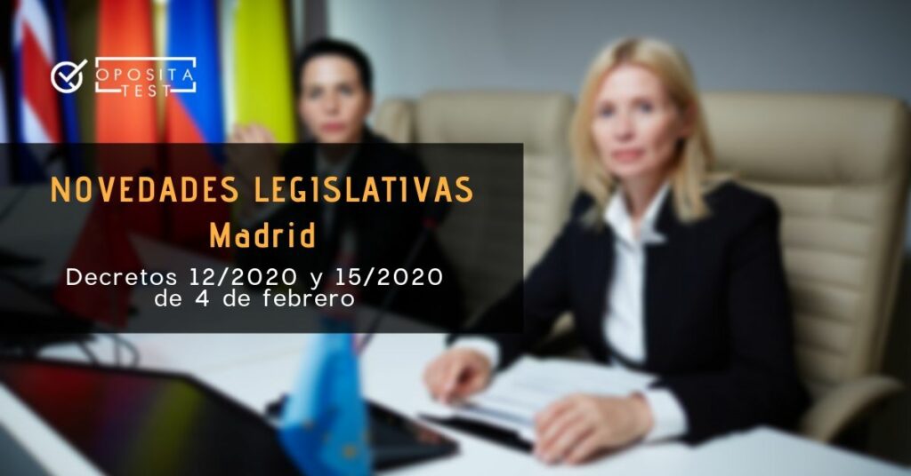 Imagen ilustrativa de dos personas en atuendo formas en un despacho con banderas internacionales y micrófonos para acompañar un post en el que se analizan los efectos de los Decretos 12/2020 y 15/2020 de 4 de febrero de la Comunidad Autónoma de Madrid