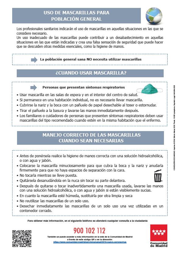 Infografía de la Consejería de Sanidad de la Comunidad Autónoma de Madrid en la que analiza el uso de mascarillas por parte de la población general como medio medio para protegerse del COVID-19