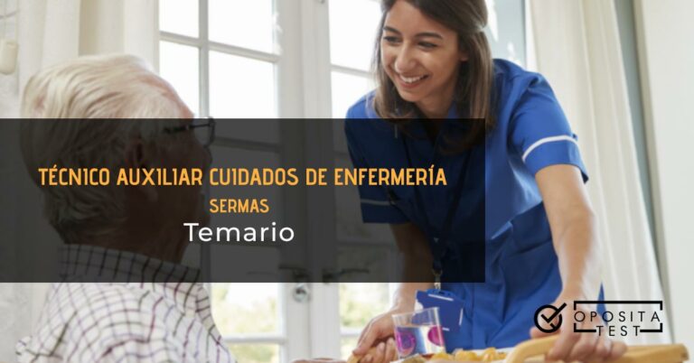 tcae SERMAS temario Imagen fuera de foco de una persona profesional sanitaria en uniforme azul acompañando a un paciente de mediana edad