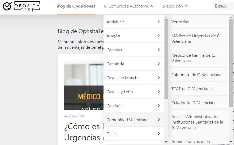 menú por comunidades autónomas del nuevo blog de oposiciones de OpositaTest