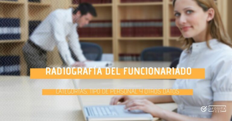 Imagen fuera de foco de dos personas en atuendo formal trabajando en biblioteca con ordenador para acompañar un contenido en el que se analiza el perfil del funcionario en España-