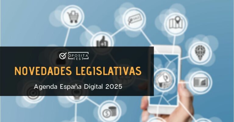 Imagen genérica de smartphone rodeado de burbujas de iconos tecnológicos para acompañar un post en el que se analiza la Agenda España Digital 2025 y las oposiciones afectadas por la misma