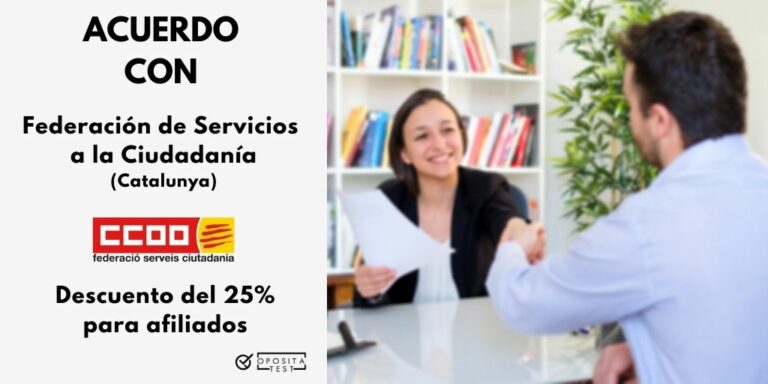 Imagen de dos personas en entorno profesional firmando un trato para acompañar la explicación del acuerdo entre OpositaTest y CC.OO. -delegación de Catalunya- que beneficiará a los afiliados con un 25% de descuento en su suscripción a OpositaTest