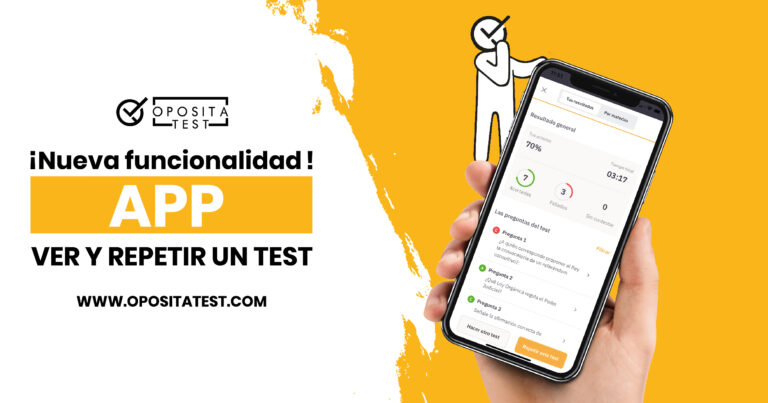 Imagen con colores corporativos y pantalla de móvil para ilustrar las novedades en la app de OpositaTest