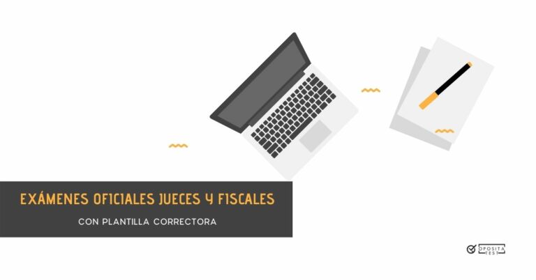 Ilustración de ordenador portátil, folios y subrayador para acompañar un post en el que se analizan los exámenes de años anteriores de Jueces y Fiscales