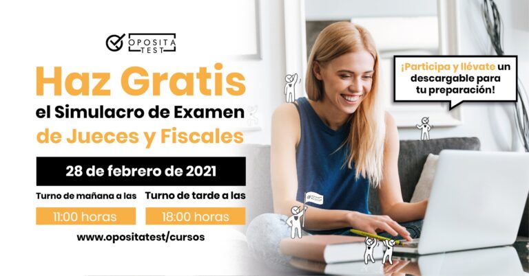 Imagen de una persona joven de cabellos largos y rubios usando un ordenador portátil rodeada de la mascota de OpositaTest. Se usa para acompañar la información sobre las horas de realización del simulacro de examen real de Jueces y Fiscales de 2021