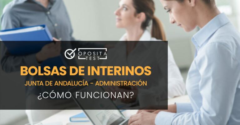 Mujer tecleando en un portátil de perfil. Al fondo está una mujer sentada hablando con otra persona que lleva una carpeta en la mano. Toda la imagen está fuera de foco. Se utiliza para ilustrar una entrada sobre cómo funcionan las bolsas de interinos de Andalucía para Administración.