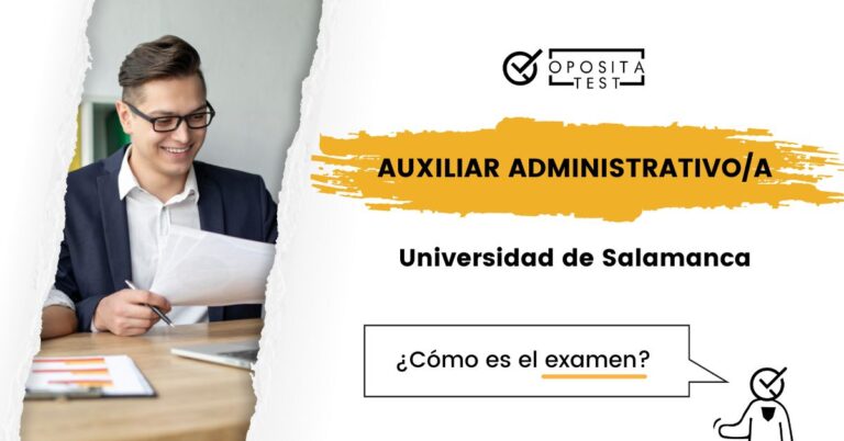 Imagen de un hombre con documentos y ordenador para acompañar una entrada en la que se explica cómo es el examen de Auxiliar Administrativo de la Universidad de Salamanca