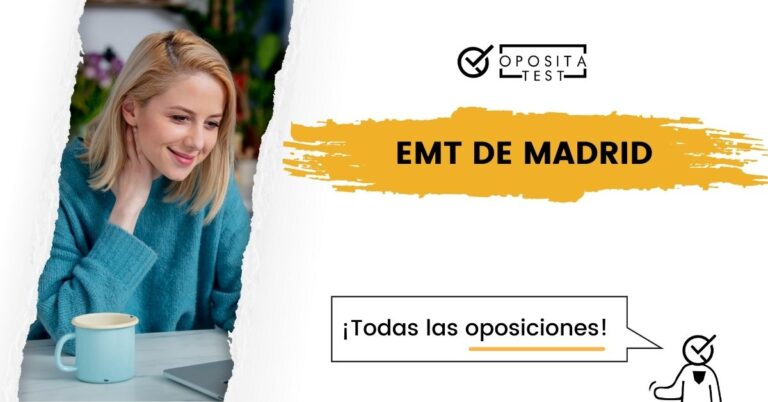 Imagen de una chica rubia con jersey azul delante de un ordenador para acompañar una entrada en la que se explica en qué consisten todas las oposiciones de la EMT de Madrid.