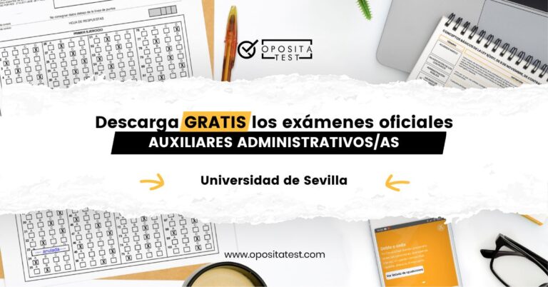 Imagen de material de oficina, ordenador y esquemas de oposiciones para acompañar una entrada en la que se incluyen exámenes oficiales corregidos de Auxiliares Administrativos de la Universidad de Sevilla
