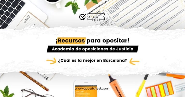 Imagen de un ordenador, apuntes y material de estudio para acompañar una entrada en la que se indica cuál es la mejor academia de oposiciones de Justicia de Barcelona.