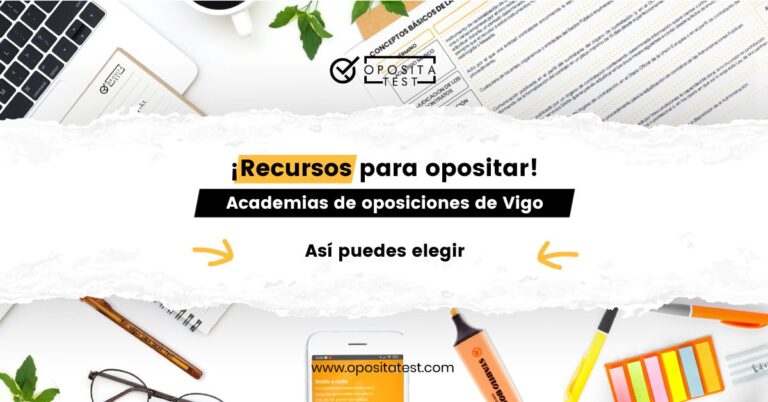 Imagen de un ordenador portátil y material de estudio para acompañar una entrada en la que se indica cómo elegir academia de oposiciones en Vigo.