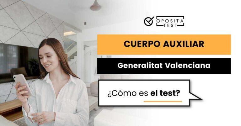 Imagen de mujer joven vestida de blanco usando teléfono para acompañar una entrada en la que se analiza cómo es el test del Cuerpo Auxiliar Administrativo de la Generalitat Valenciana