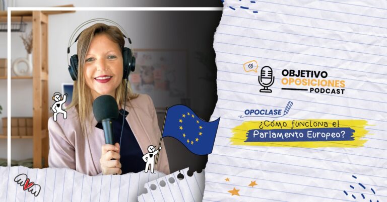 Imagen de la presentadora del podcast Objetivo Oposiciones con auriculares y micrófono para acompañar el episodio 25, una Opoclase sobre el Parlamento Europeo.