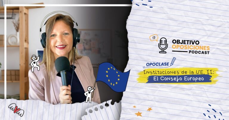 Imagen de la presentadora del podcast Objetivo Oposiciones con auriculares y un micrófono para acompañar el episodio 28 titulado #Opoclase - Instituciones de la UE, II: El Consejo Europeo.