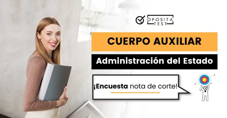 Imagen de persona joven vestida en tonos tierra, sosteniendo un libro y mirando a cámara. Acompaña una entrada en la que se presenta una encuesta sobre la nota de corte del proceso selectivo de Auxiliar Administrativo del Estado por Turno Libre