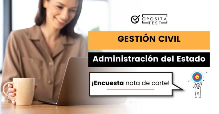 Imagen de persona joven en colores tierra sosteniendo taza de café y consultando pantalla de ordenador portátil. Acompaña una entrada en la que se facilita una encuesta de nota de corte del test de Gestión de la Administración Civil del Estado por Turno Libre