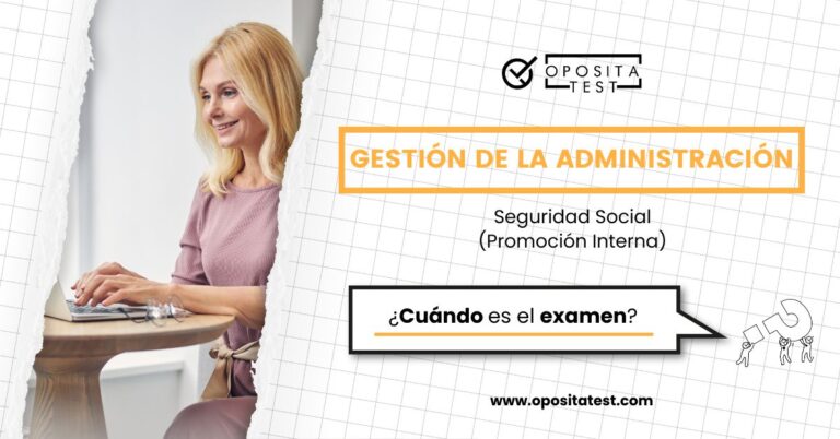 Imagen de una mujer rubia sonriendo delante de un ordenador para acompañar una entrada del blog de OpositaTest en la que se explica cuándo es el examen de Gestión de la Administración de la Seguridad Social por Promoción Interna.