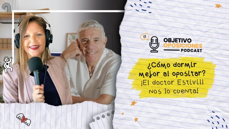 Imagen de la presentadora del podcast Objetivo Oposiciones, de OpositaTest, junto con el doctor del sueño Eduard Estivill, para acompañar un episodio del podcast dedicado a cómo dormir mejor durante la oposición.