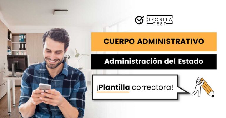 Imagen de persona joven con camisa de cuadros usando teléfono móvil en el entorno de una oficina moderna para acompañar una entrada en la que se analiza qué es y cómo funciona la plantilla correctora del Cuerpo Administrativo de la Administración General del Estado