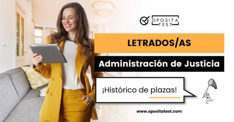 Imagen de persona joven en traje amarillo usando tableta con rostro feliz sobre el fondo de un salón con sofá de color gris y decoración neutra. Acompaña una entrada en la que se analiza cuál ha sido la evolución de plazas ofertadas a lo largo de los años en el proceso selectivo de Letrados de la Administración de Justicia