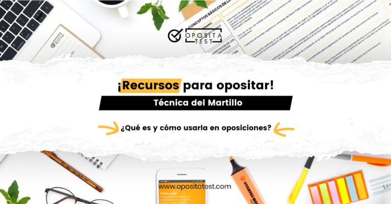 Material de estudio de oposiciones sobre mesa blanca y con ordenador portátil. Se usa para acompañar una entrada en la que se analiza qué es la Técnica del Martillo y cómo aplicarla a la memorización de leyes para oposiciones
