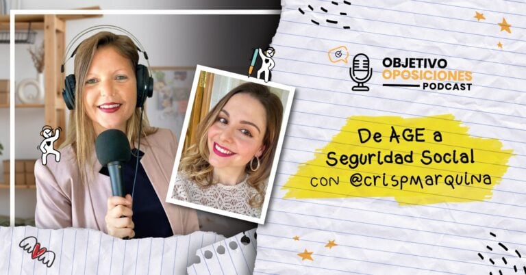 Imagen de la presentadora del podcast Objetivo Oposiciones, de OpositaTest, junto con la funcionaria Cris Pérez Marquina para acompañar un episodio sobre opositar a la Administración del Estado y de la Seguridad Social.