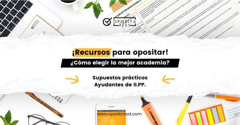 Imagen de material de oficina y oposiciones sobre mesa blanca para acompañar una entrada en la que se analiza cómo elegir la mejor academia para supuestos prácticos de Ayudantes de Instituciones Penitenciarias