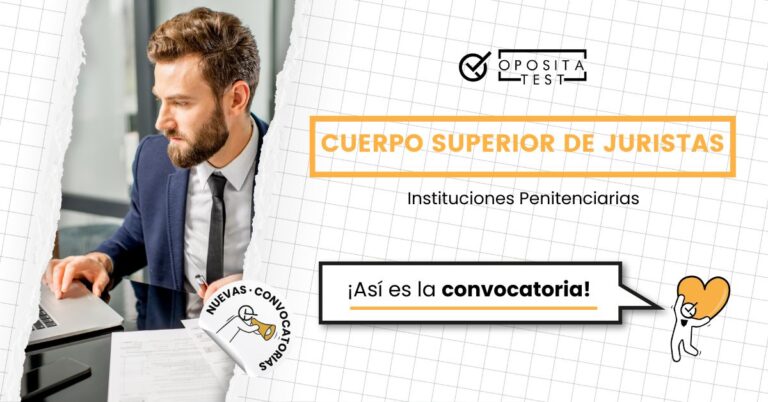 Imagen de un hombre con traje trabajando delante de un ordenador portátil para acompañar una entrada del blog de OpositaTest en la que se explica cómo es la convocatoria más reciente del Cuerpo Superior de Juristas de Instituciones Penitenciarias.