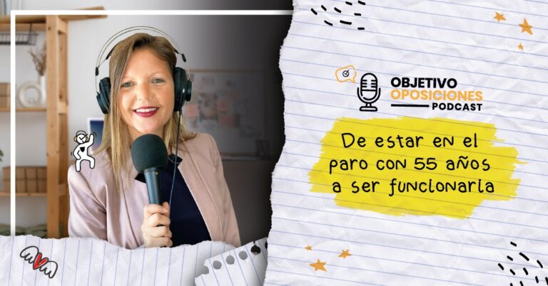 Imagen de la presentadora del podcast Objetivo Oposiciones, de OpositaTest, para acompañar un episodio en el que se entrevista a una funcionaria de carrera que decidió opositar cuando se quedó en el paro a los 55 años.