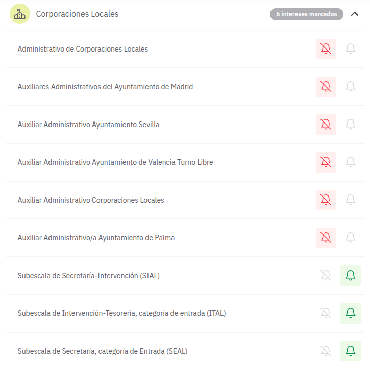 Imagen del área personal de OpositaTest. Sección de intereses activada con procesos selectivos de Habilitación Nacional