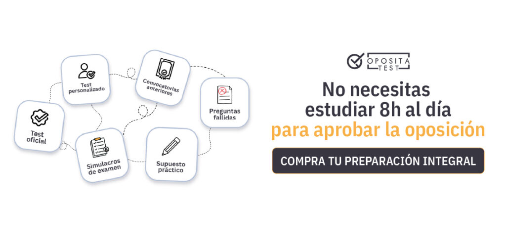 Imagen de recursos de OpositaTest acompañados del texto "No necesitas estudiar 8h al día para aprobar la oposición. Compra tu preparación integral".