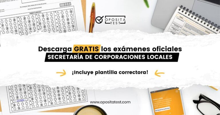 Imagen de material de estudio y ordenador portátil sobre mesa blanca para acompañar una entrada en la que se comparte el examen corregido de Secretaría de Corporaciones Locales en PDF