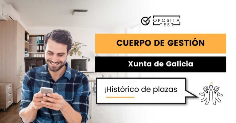 Imagen de persona joven usando teléfono sobre fondo de oficina para acompañar una entrada en la que se analiza la evolución de plazas ofertadas para el cuerpo de Gestión Administrativa de la Xunta de Galicia