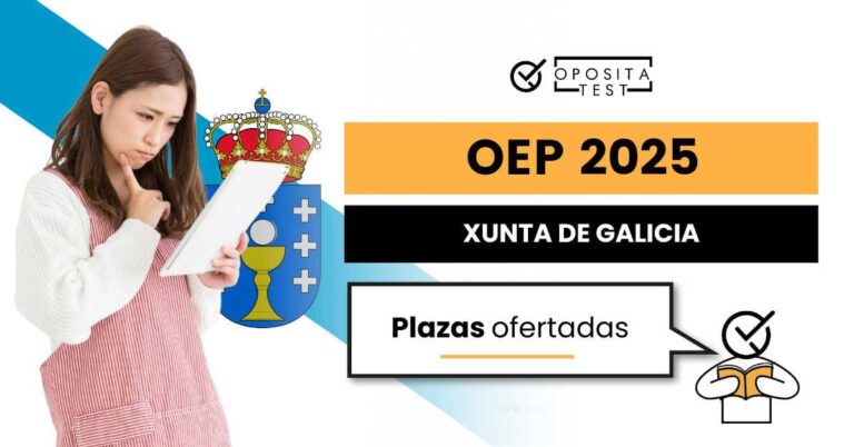 Imagen de persona con cara de concentración sosteniendo una tableta sobre el fondo de la bandera autonómica de Galicia para acompañar una entrada en la que se analiza cómo es la Oferta de Empleo Público (OEP) del año 2025 de la Xunta de Galicia