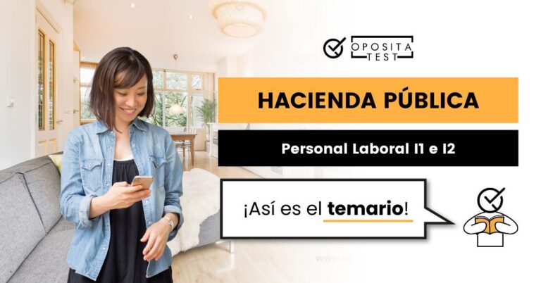 Imagen de una mujer sonriendo mirando hacia un teléfono móvil para acompañar una entrada del blog de OpositaTest en la que se explica cómo es el temario de las oposiciones de Personal Laboral de la Agencia Tributaria (Grupos I1 e I2).
