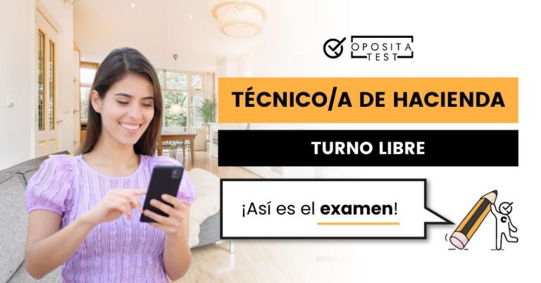 Imagen de una mujer sonriendo mirando hacia un teléfono móvil para acompañar una entrada del blog de OpositaTest en la que se explica cómo es el examen de Técnico de Hacienda por Turno Libre.