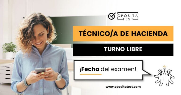 Imagen de una mujer sonriendo con un teléfono móvil para acompañar una entrada del blog de OpositaTest en la que se explica cuál es la fecha del examen de Técnico de Hacienda.