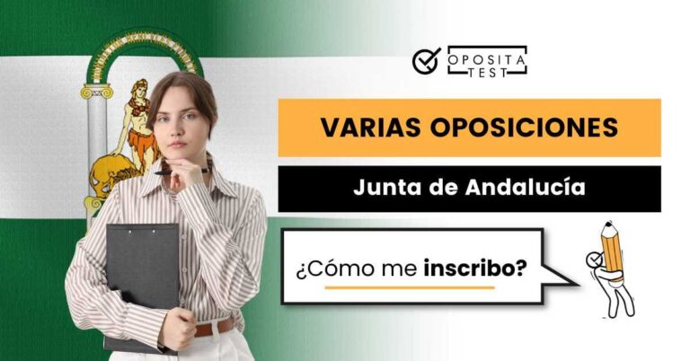 Imagen de persona joven con carpeta sobre bandera de la comunidad autónoma de Andalucía para ilustrar una entrada en la que se analiza cómo es el proceso de inscripción en los procesos selectivos de la Junta de Andalucía para el acceso a la función pública