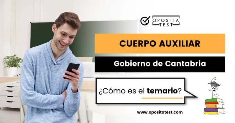 Imagen de persona joven con teléfono móvil con cara de felicidad en un aula formativa para acompañar una entrada en la que se analiza cómo es el temario de Cuerpo Auxiliar Administrativo del Gobierno de Cantabria