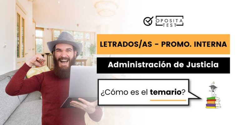 Imagen de persona joven con sombrero, jersey rojo y cara feliz sosteniendo portátil para acompañar una entrada en la que se analiza cómo es el temario del proceso selectivo de Letrados de la Administración de Justicia por Promoción Interna