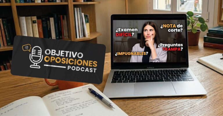 Imagen de una mesa con un ordenador portátil para acompañar un episodio del podcast Objetivo Oposiciones, de OpositaTest, en el que se analiza cómo ha sido el test de Agentes de Hacienda por Turno Libre de 2026.