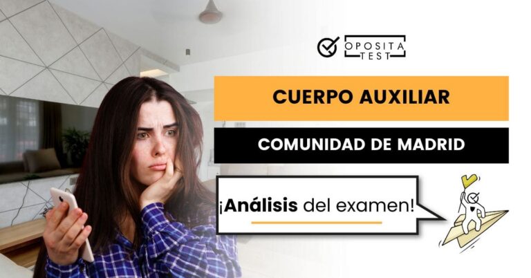 Imagen de persona joven con ropa morada, cara de preocupación y usando teléfono móvil para acompañar una entrada en la que se analiza el examen de Auxiliares de la Comunidad de Madrid Correspondiente a la OEP 2023 y 2024 por Turno Libre